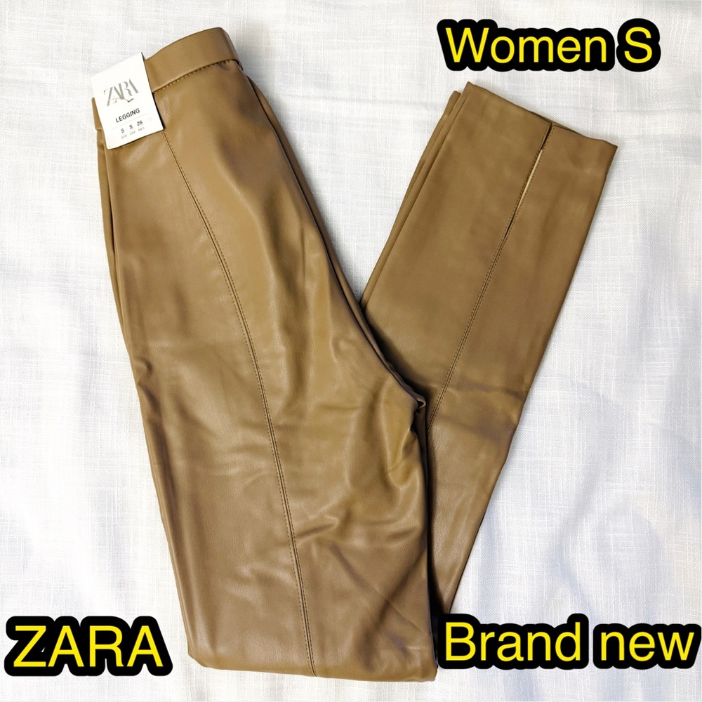 NWT Zara Women Stylish faux leather brown leggings, Size S